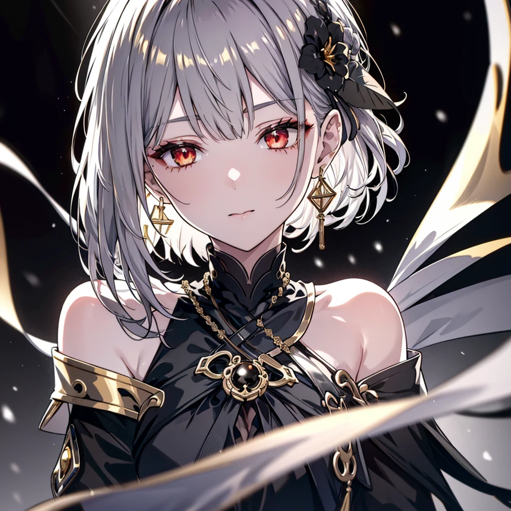 8k,High resolution RAW color art,Anime Art,Silver Marble Skin, (((Very detailed and cool))), Detailed skin, Bokeh、texture,(Exquisitely crafted, The finer details, Ultra-detailed art), (((1 girl))), Depth of written boundary, Silky Touch, Hyper Detail, (((Cool face))), eye shadow、Armed women, Beautiful detailed red eyes, Beautiful lip detail, Highly detailed face, Delicate depiction of hair and eyes, Detailed Fashion, Golden Earrings,Full body depiction, Black half top、(((Shoulder Bare)))、Black shorts、Waist Cloak、black tights、Golden decoration, Grey Hair, Golden bracelet, Straight Hair、Short Hair、(((Hair)))、Simple Background、(((Black theme)))、snow、Side view、Receiving light with one hand、look down、cloth、Clear face