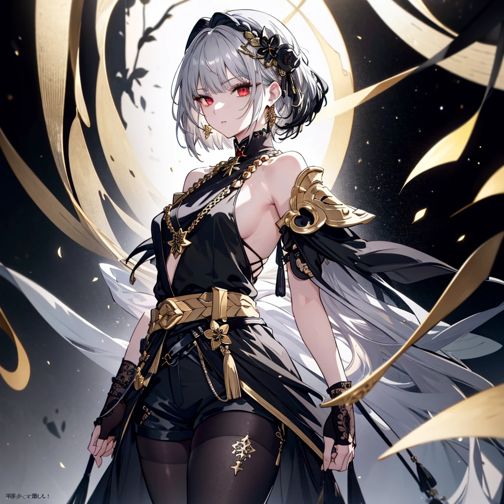 8k,High resolution RAW color art,Anime Art,Silver Marble Skin, (((Very detailed and cool))), Detailed skin, Bokeh、texture,(Exquisitely crafted, The finer details, Ultra-detailed art), (((1 girl))), Depth of written boundary, Silky Touch, Hyper Detail, (((Cool face))), eye shadow、Armed women, Beautiful detailed red eyes, Beautiful lip detail, Highly detailed face, Delicate depiction of hair and eyes, Detailed Fashion, Golden Earrings,Full body depiction, Black half top、(((Shoulder Bare)))、Black shorts、Waist Cloak、black tights、Golden decoration, Grey Hair, Golden bracelet, Straight Hair、Short Hair、(((Hair)))、Simple Background、(((Black theme)))、snow、Side view、Receiving light with one hand、look down、cloth、Clear face