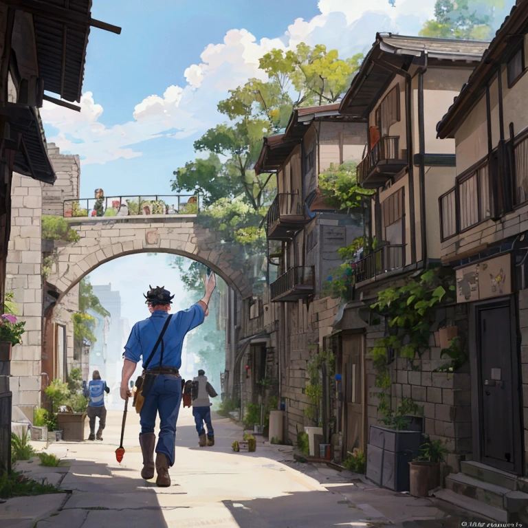 A middle-aged male adventurer expressing his gratitude and determination to a large group of residents.。In the background、A scene of the defense line being improved and the supply system being improved.、It depicts the residents understanding their roles and taking action.、Please express it in a way that gives a sense of new order and unity to the whole town.。