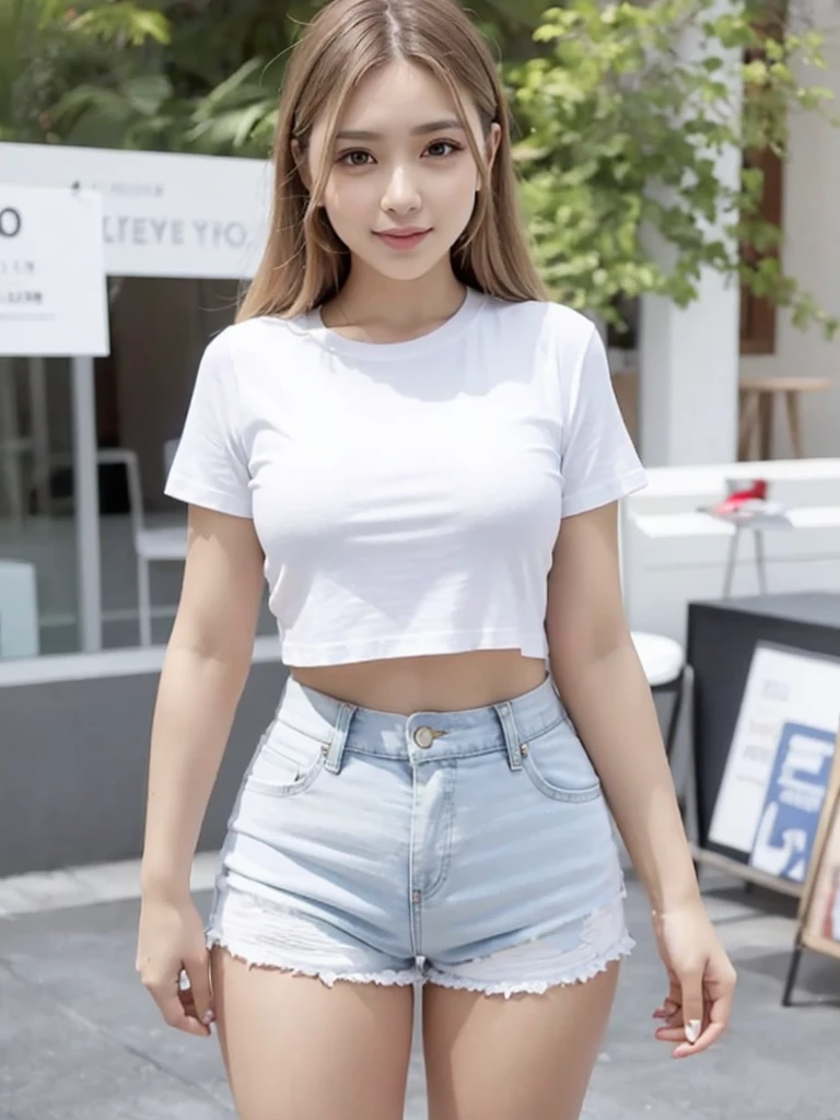 (((Open Stance)))、Large bust、 ((White lace T-shirt)), Gazing at the audience、((White shorts))、Standing with legs open to the sides、((Sexy young woman&#39;s body:1.4)),

