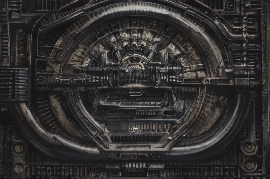 g1g3r, The image is a detailed view of H.R. Giger's biomechanical tableau \" LANDSCAPE No 312 \" plate, featuring
a complex, intricate, and detailed design of endless machine in the transit space that appears to be a fusion of organic and mechanical elements, with a focus on the interplay between the two.
Sharp focus on foreground elements illustration. Deep and delicate DOF. Big painting. Stored in Louvre masterpiece, ooze soaked pajama top