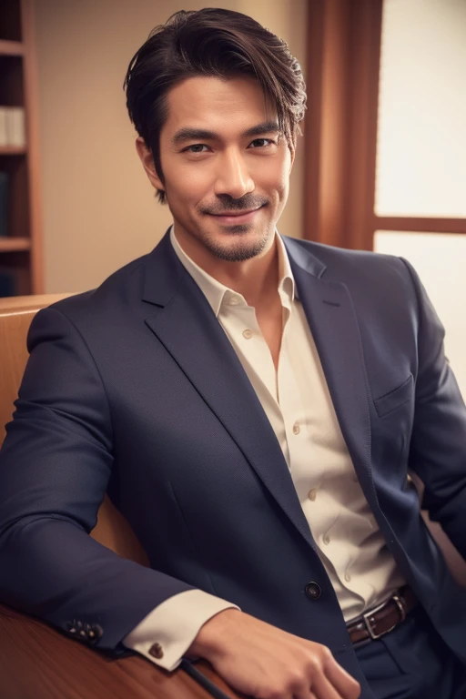 a super handsome, dandy, a top-notch business man with navy suit, in 30s, peaceful smile, japanese, muscular physique, confident, life coach, facing front in an office interior, stare at the front, having a seat, (best quality,4k,8k,highres,masterpiece:1.2),ultra-detailed,(realistic,photorealistic,photo-realistic:1.37),highly detailed face,extremely detailed facial features,intricate details,sharp focus,physically-based rendering,vivid colors,studio lighting