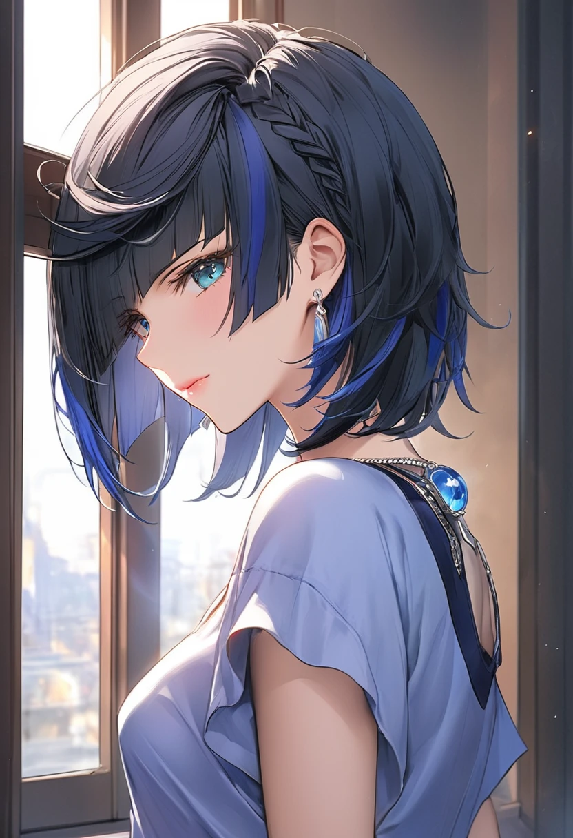 (Genshin Yelan)(masterpiece), (best quality), (Super detailed),(Messy hair),(illustration), (1 Girl), (Simple background),Beautiful and delicate eyes, Delicate and beautiful face(High Saturation)(,(shining), focus on face, Bangs, (shining), Optimal lighting, The best shadow,The lens is close,Sleepy,Stand in front of the window,The sun shines in from the window,Rubbed his hair,Loose pajamas