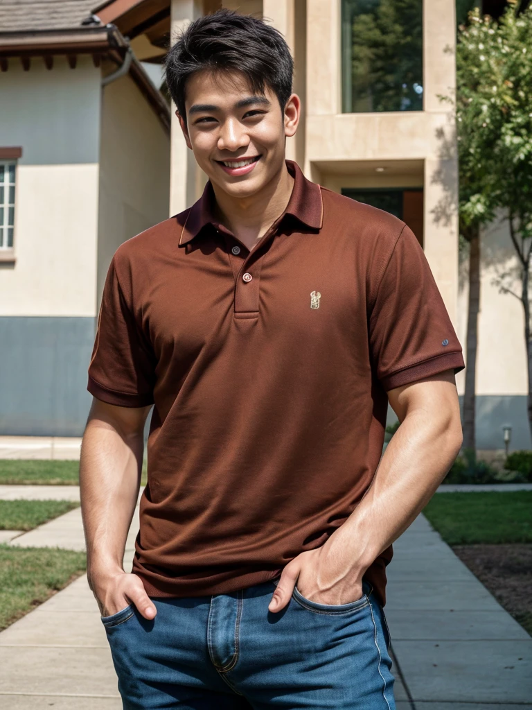 (best quality, 4K, 8k, high resolution, Masterpiece: 1.2), Special details, (realistically, As realistic as a photo, photo realistic: 1.37), Edge lighting, Extra detailed coloring, sharp focus, Physical rendering ,Extremely detailed description,professional,light color,Bokeh,Portrait,look at the viewer, Young Asian man, 20 years old ,(wearing a brown polo shirt), smile ,Wide yard