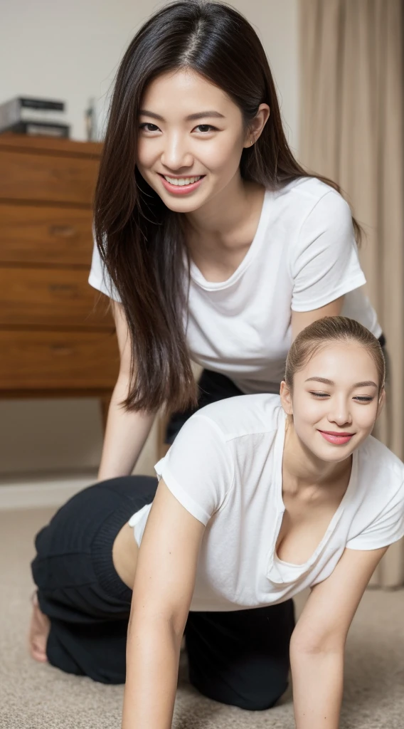 munechira、Down blouse、(((Realistic skin types)))、(Leaning forward:1.3)、(Oversized T-shirt、Loose Fit T-Shirt、Low-cut T-shirt:1.2)、(Highest quality、8k、32K、masterpiece)、(Detailed bra)、Japanese、28 years old、Very cute girl、beautiful girl、Squat、Bright smile、living room、Bright room、Blurred Background、Shortcuts、Upper body close-up、Shooting from the sky