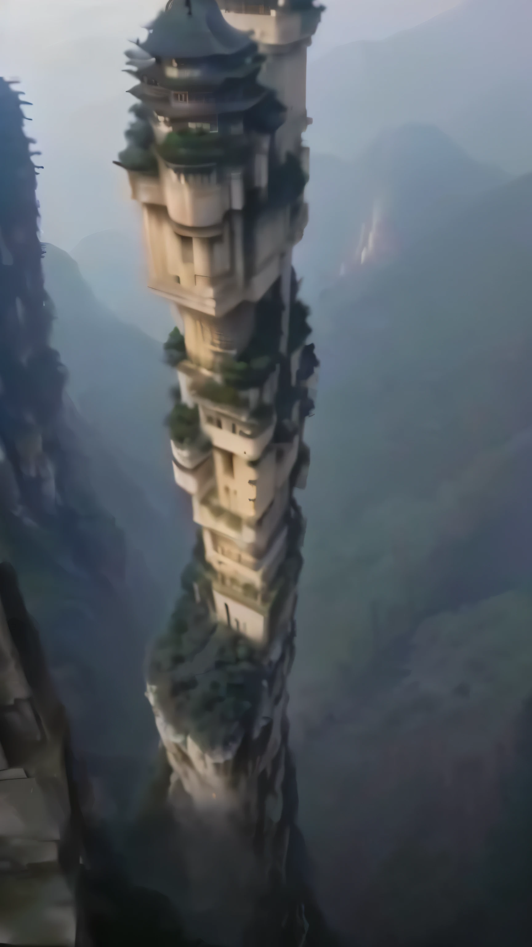 There is a tall tower on Mount Arafat,There is a small house on the top of the tower, Huge towering pillars, 1300 feet tall, Floating mountains, incredible perspective, gigantic pillars, Fear of heights, Dangerous cliffside, 5 meter tall creature, Twisted Giant Tower, Extreme viewing angle, Giant Tower, Giant Pillar, Stunning details, Zhangjiajie