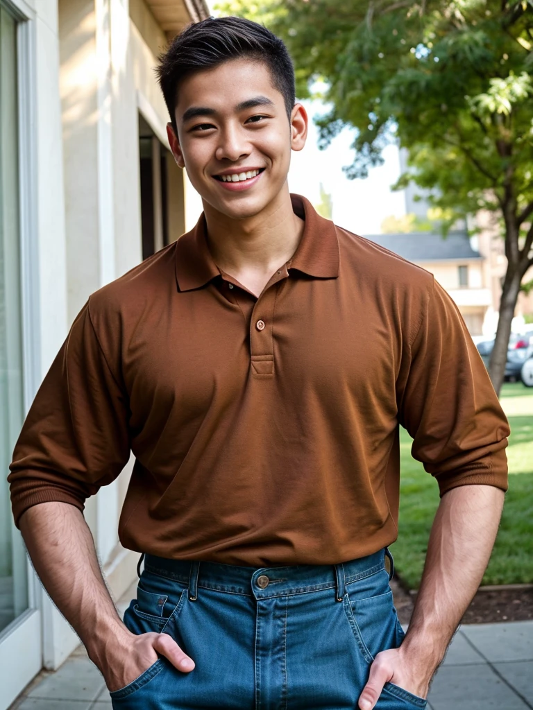 (best quality, 4K, 8k, high resolution, Masterpiece: 1.2), Special details, (realistically, As realistic as a photo, photo realistic: 1.37), Edge lighting, Extra detailed coloring, sharp focus, Physical rendering ,Extremely detailed description,professional,light color,Bokeh,Portrait,look at the viewer, Young Asian man, 20 years old ,(wearing a brown polo shirt), smile ,Wide yard