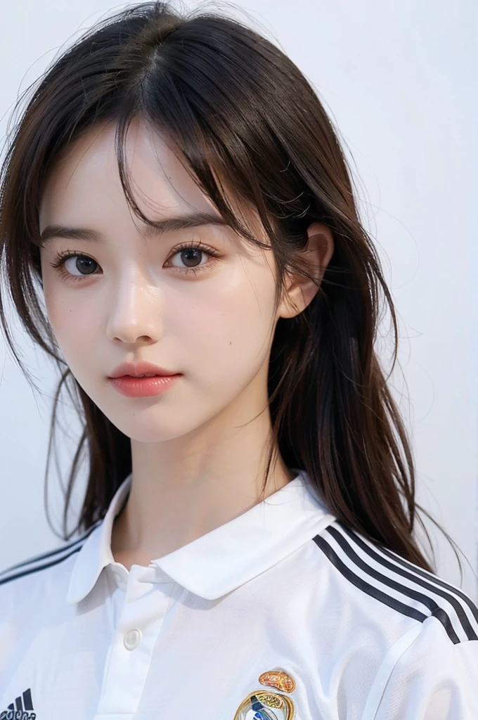 {{{Real Madrid}}}, {{Adidas soccer jersey on white background}}, {{{best quality}}}, {{{realistic}}}, {{{Detailed facial description}}}, realistic 눈동자, {{Beautiful beauties}}, female, realistic 유니폼 주름, {{{Real Madrid}}}, {{{soccer stadium}}}, Sponsor's name is Fly Emirates, {{{busty}}}