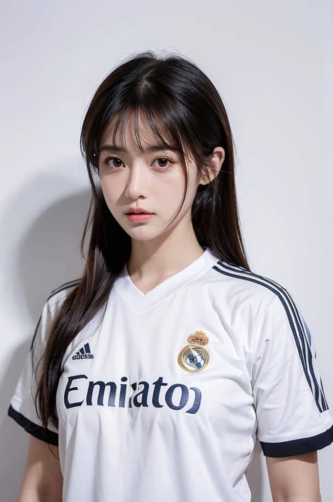 {{{Real Madrid}}}, {{Adidas soccer jersey on white background}}, {{{best quality}}}, {{{realistic}}}, {{{Detailed facial description}}}, realistic 눈동자, {{Beautiful beauties}}, female, realistic 유니폼 주름, {{{Real Madrid}}}, {{{soccer stadium}}}, Sponsor's name is Fly Emirates, {{{busty}}}