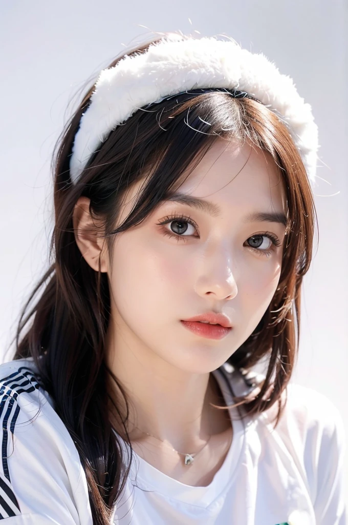 {{{Real Madrid}}}, {{Adidas soccer jersey on white background}}, {{{best quality}}}, {{{realistic}}}, {{{Detailed facial description}}}, realistic 눈동자, {{Beautiful beauties}}, female, realistic 유니폼 주름, {{{Real Madrid}}}, {{{soccer stadium}}}, Sponsor's name is Fly Emirates, {{{busty}}}