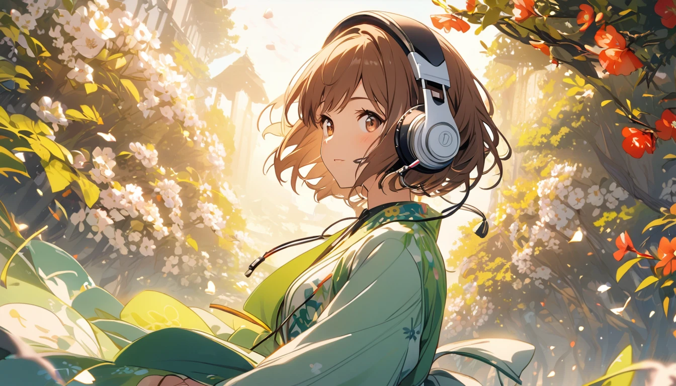 Girl wearing headphones,Brown Hair,1 person,bright,Detailed Background,The Coming of Spring