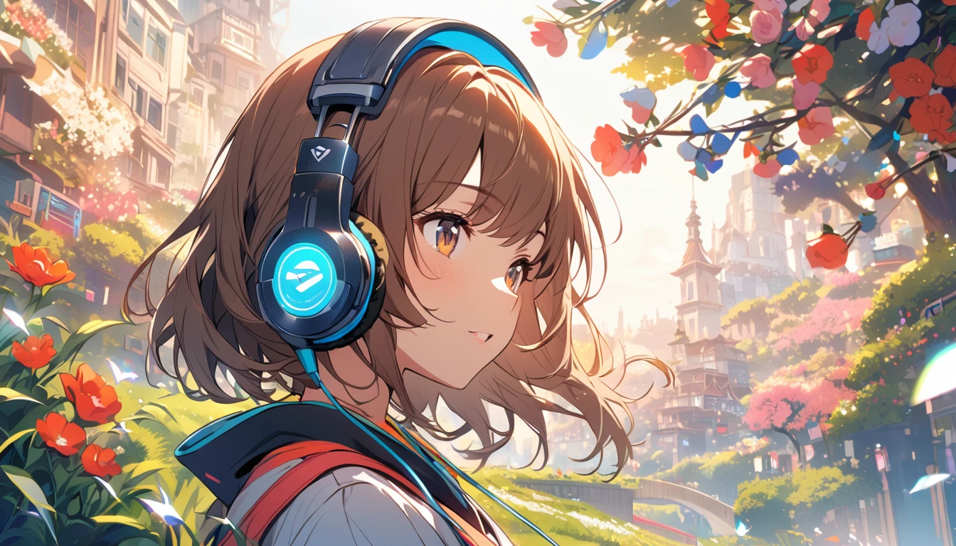 Girl wearing headphones,Brown Hair,1 person,bright,Detailed Background,The Coming of Spring