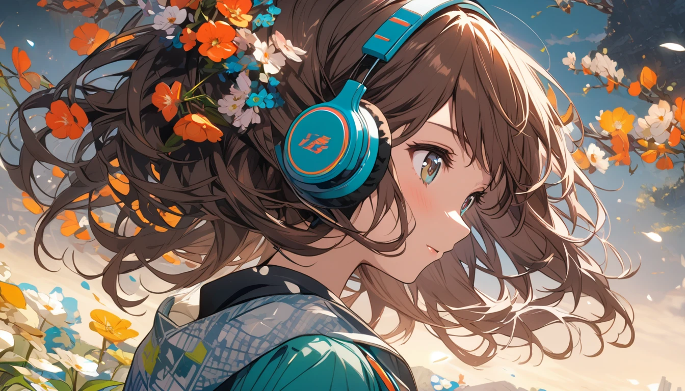 Girl wearing headphones,Brown Hair,1 person,bright,Detailed Background,The Coming of Spring