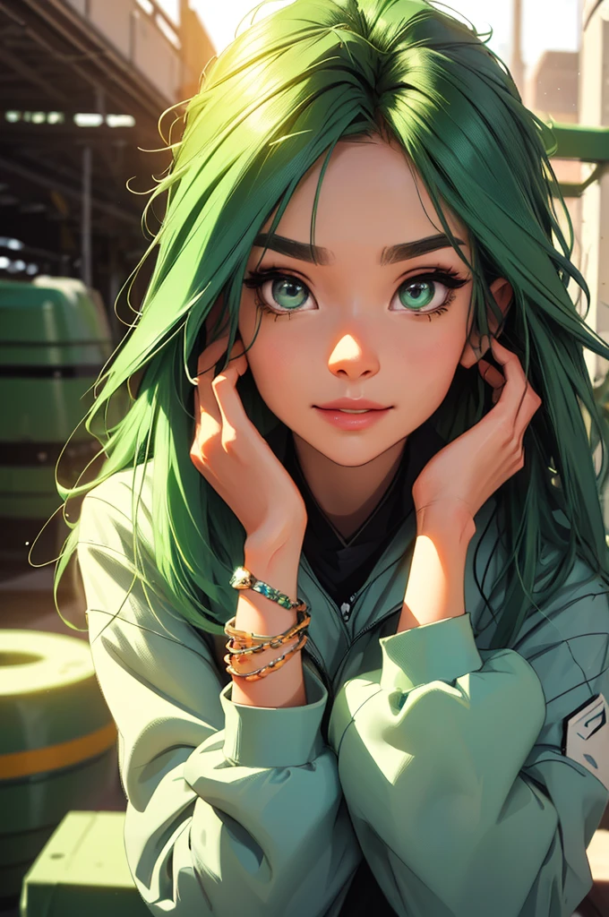 green hair, zoom in face, close-up, portrait, futuristic girl in a mechapunk hangar, (work of art, best qualityer, ultra detali, high resolution, 4K),(beautiful detailed eyes),(very highly detailed face),(1 girl),HDR,long hair, Shorts, phone, eyes browns, bracelet, regatta, to attend, lips, focus only, glaze, Blurry background, ssmile, wristto attend, realisitic, Blurry, looking ahead at viewer