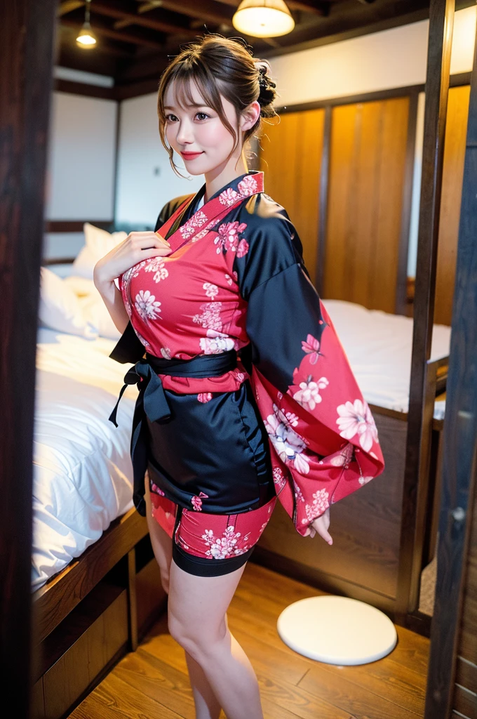 Full body,1girl in,Standing Ryokan,Warm smile(Perfect figure,Be tall and slim),Solo,(plein air:1),skyporn,Focus on the face,Looking at the viewer,Beautiful face,Detailed delicate young face,Very wet skin,(updo hair, flowery kimono, colourfull, Erotic sexy lingerie),(Beautiful natural breasts, Size breast 80D),(Nice hip),(nice hand),(lovely thighs), vibrant image,masutepiece, (Best Quality:1.2),Ultra-detailed,Realistic,High Definition,High quality,Cinematic Light,Ray tracing,超A high resolution,nffsw,(Photorealistic:1.4),Intricate details,Detailed texture,Finely detailed,high quality shadow, Background of snowy rain Shirakawago village, Onsen.