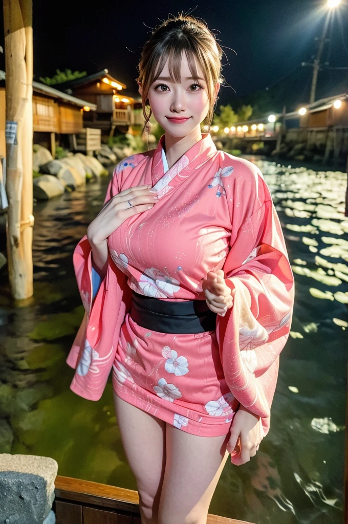 Full body,1girl in,Standing Ryokan,Warm smile(Perfect figure,Be tall and slim),Solo,(plein air:1),skyporn,Focus on the face,Looking at the viewer,Beautiful face,Detailed delicate young face,Very wet skin,(updo hair, flowery kimono, colourfull, Erotic sexy lingerie),(Beautiful natural breasts, Size breast 80D),(Nice hip),(nice hand),(lovely thighs), vibrant image,masutepiece, (Best Quality:1.2),Ultra-detailed,Realistic,High Definition,High quality,Cinematic Light,Ray tracing,超A high resolution,nffsw,(Photorealistic:1.4),Intricate details,Detailed texture,Finely detailed,high quality shadow, Background of snowy rain Shirakawago village, Onsen.