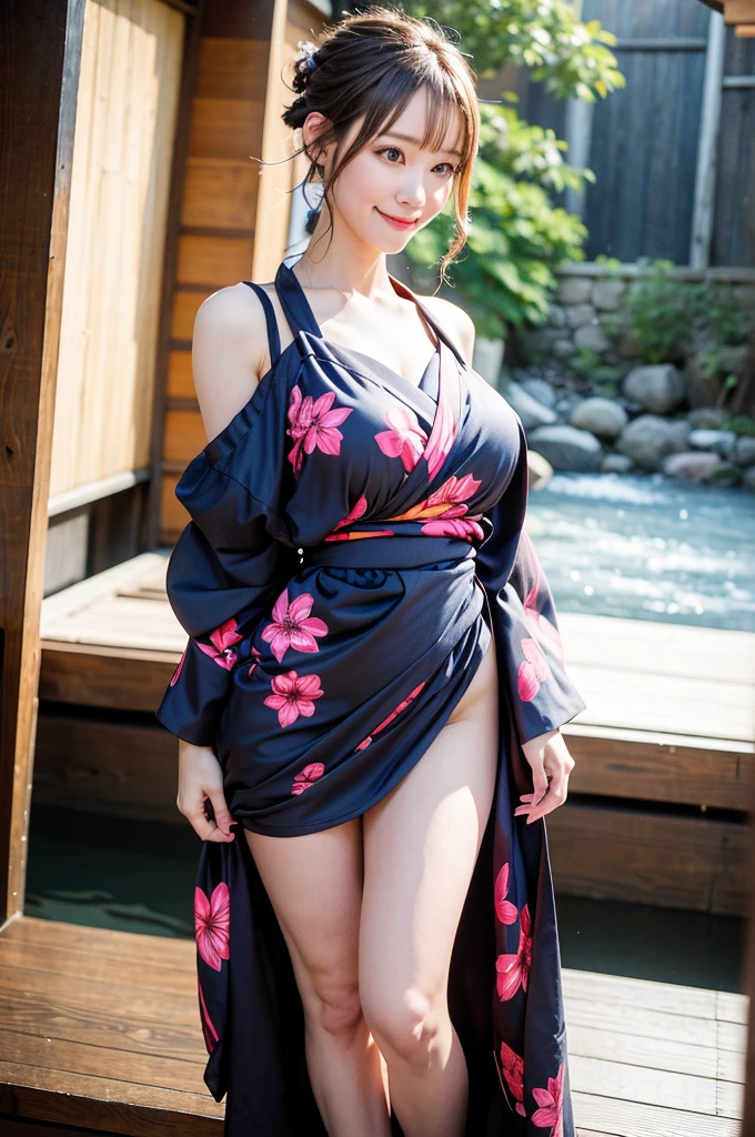 Full body,1girl in,Standing Ryokan,Warm smile(Perfect figure,Be tall and slim),Solo,(plein air:1),skyporn,Focus on the face,Looking at the viewer,Beautiful face,Detailed delicate young face,Very wet skin,(updo hair, flowery kimono, colourfull, Erotic sexy lingerie),(Beautiful natural breasts, Size breast 80D),(Nice hip),(nice hand),(lovely thighs), vibrant image,masutepiece, (Best Quality:1.2),Ultra-detailed,Realistic,High Definition,High quality,Cinematic Light,Ray tracing,超A high resolution,nffsw,(Photorealistic:1.4),Intricate details,Detailed texture,Finely detailed,high quality shadow, Background of snowy rain Shirakawago village, Onsen.