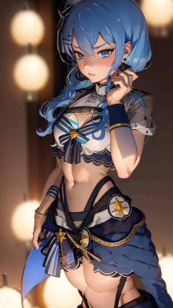 masterpiece, best quality, 1girl, solo, animegirl, hoshimachi suisei from hololive, hoshimachi suisei, ample bust, wearing a bikini, stomach exposed, thick thighs, ribcage visible, belly, sexy, realistic physique, red hair, twintails, hands on her waist