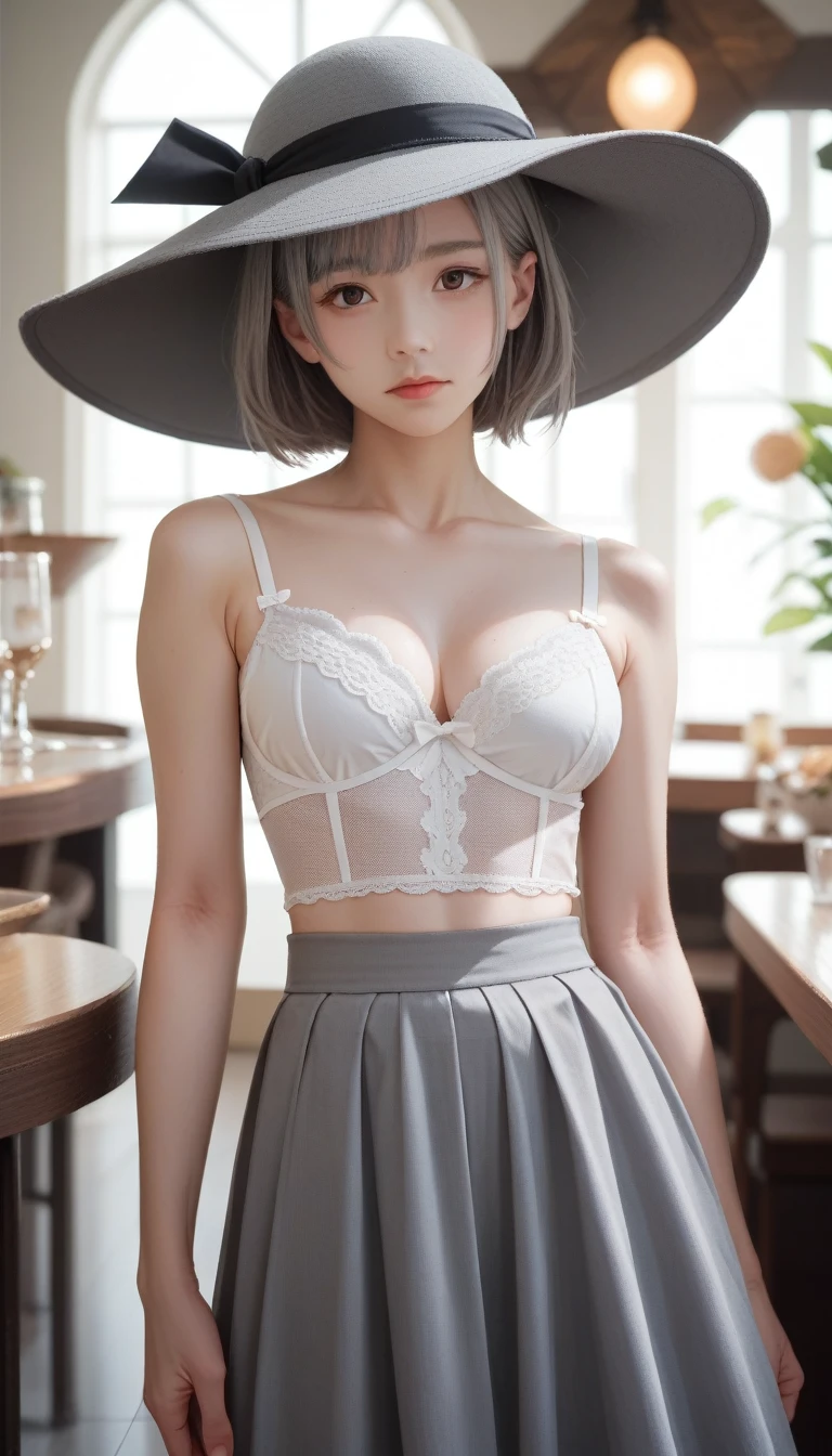 score_9_up, score_8_up, score_7_up, score_6_up,masterpiece, high quality, best quality, beautiful, HD, Perfect lighting, Delicate face, Detailed body, 1 girl, Solitary, (Long gray hair), Brown eyes, Medium breasts, ((White lingerie)), ((Gray skirt)), (Gray Hat), In front of the café,