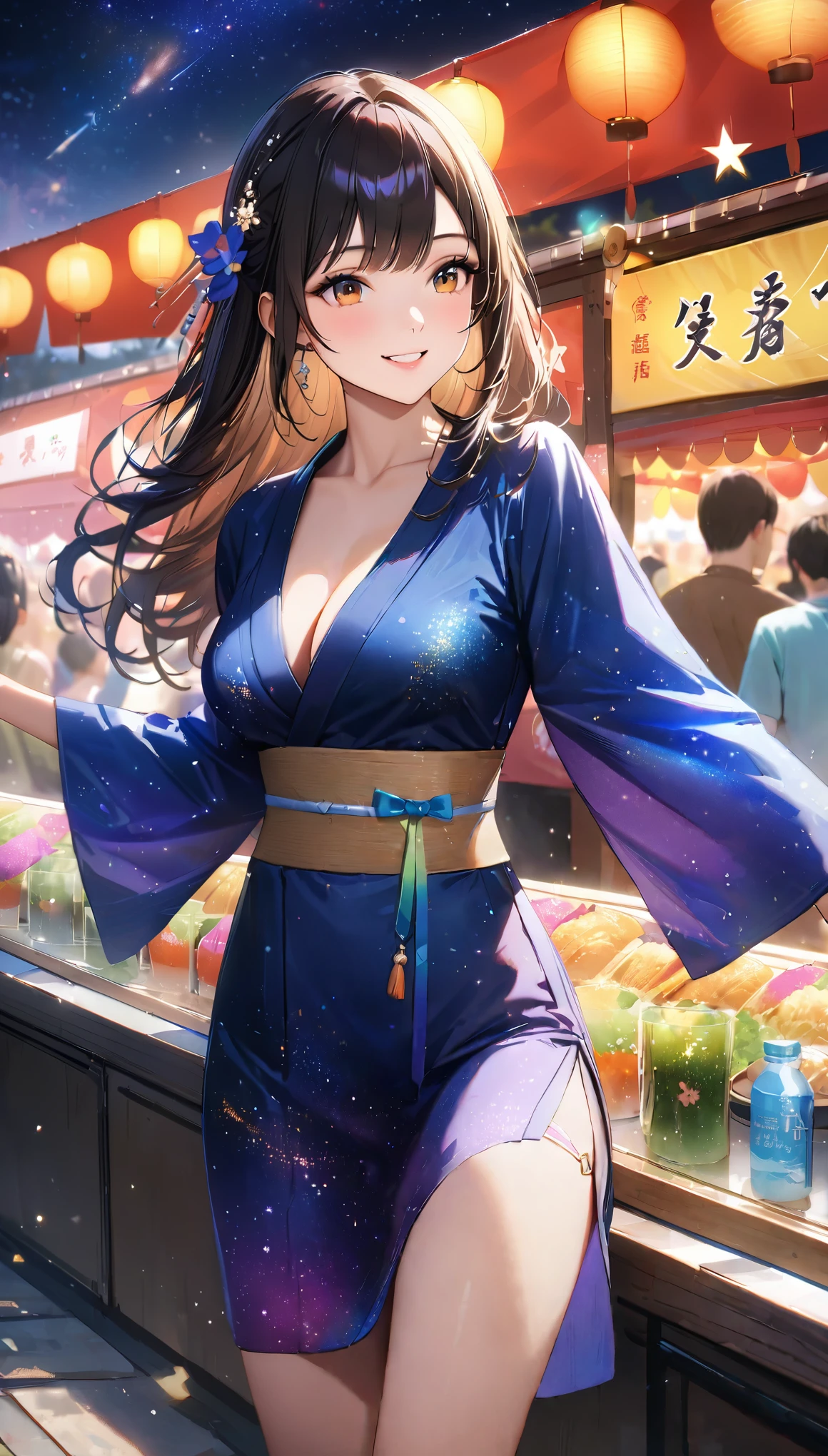 Summer festival,Date with her,night, Starry Sky,Cute Yukata,Gazing at the sky,high school girl,smile,Glitter effect,Highest quality, 8k, High resolution, masterpiece:1.2, Very detailed, Realistic:1.37, High resolution, 超High resolution, Ultra-fine painting, Very detailed, Professional, Vibrant colors