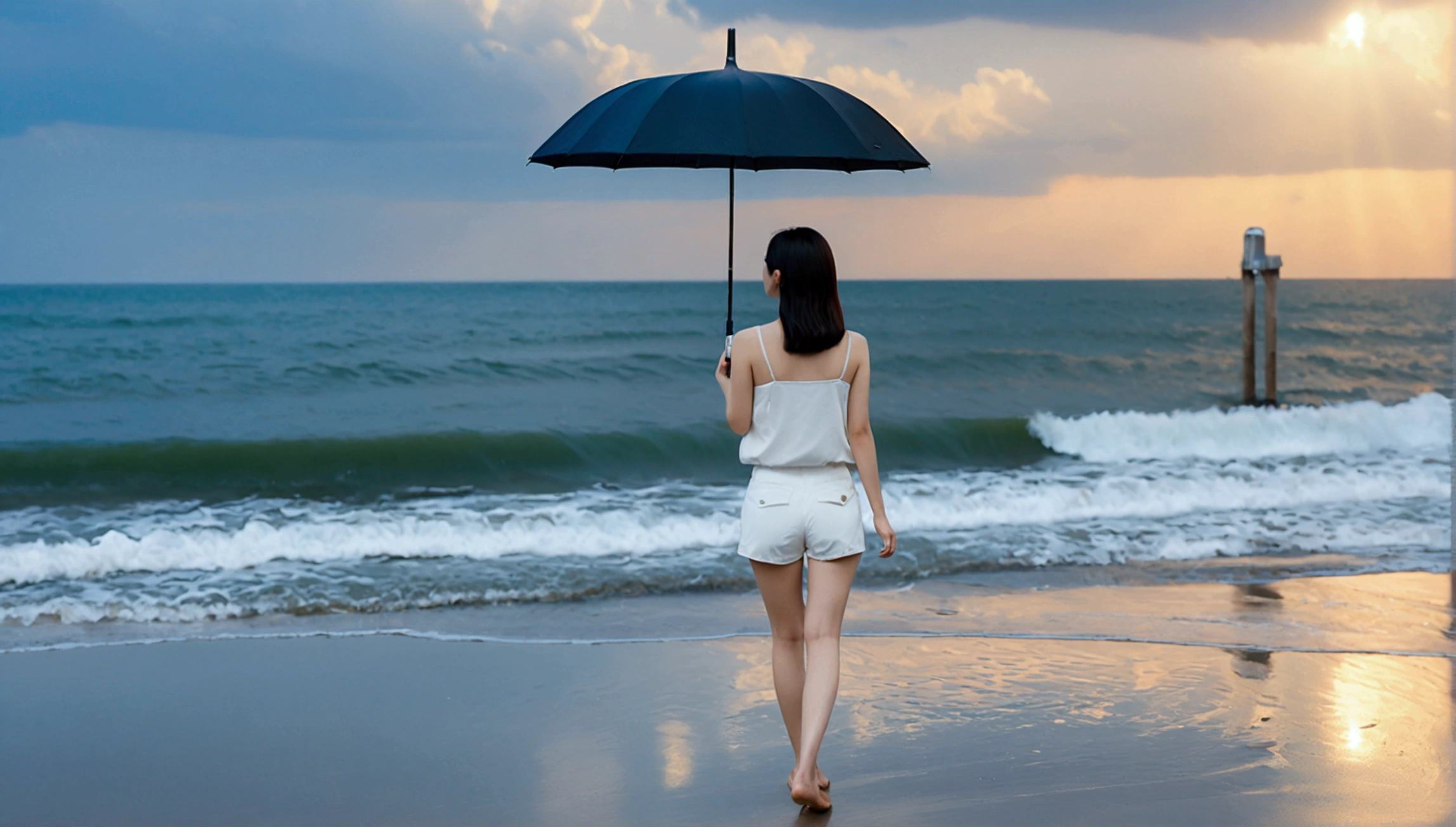 8k, Vivid picture quality, Vivid picture quality, long deserted beach, walking slowly from afar, Short hair, beautiful appearance, Model-like body, sunset의 붉은 빛, sunset, alone, afternoon, depressed, tide가 밀려온다, rain, medium size black umbrella, ocean, tide, wind, rain가 내리는, Short and slim Korean woman, Clear picture quality, tower, White shorts, rain가 내리는, Looking to the side with a black umbrella, the sun goes into the sea