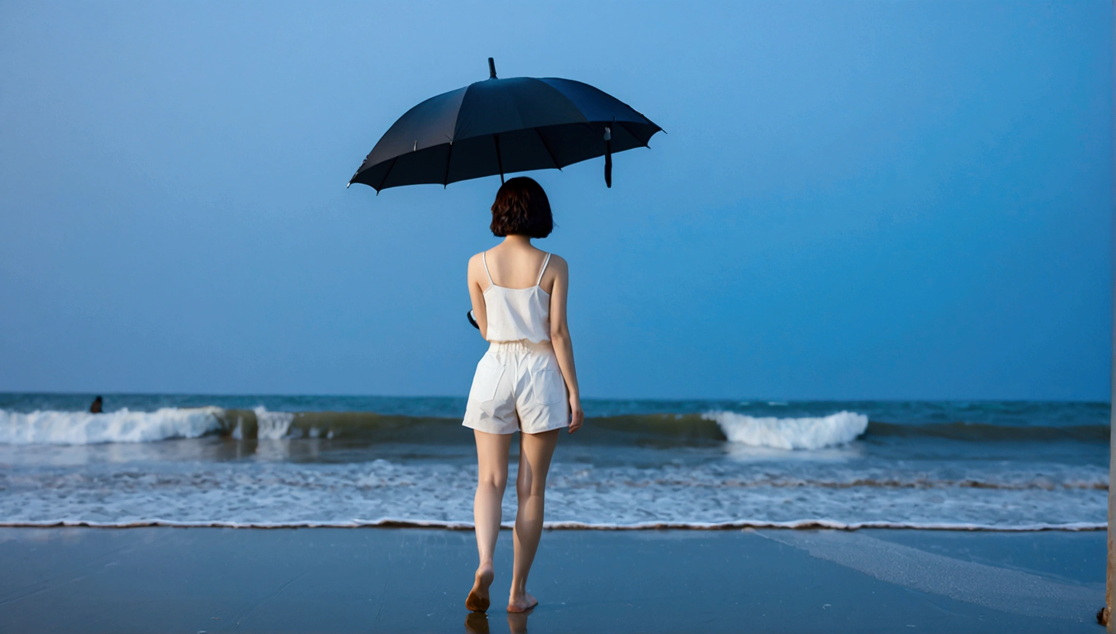 8k, Vivid picture quality, Vivid picture quality, long deserted beach, walking slowly from afar, Short hair, beautiful appearance, Model-like body, sunset의 붉은 빛, sunset, alone, afternoon, depressed, tide가 밀려온다, rain, medium size black umbrella, ocean, tide, wind, rain가 내리는, Short and slim Korean woman, Clear picture quality, tower, White shorts, rain가 내리는, Looking to the side with a black umbrella, the sun goes into the sea