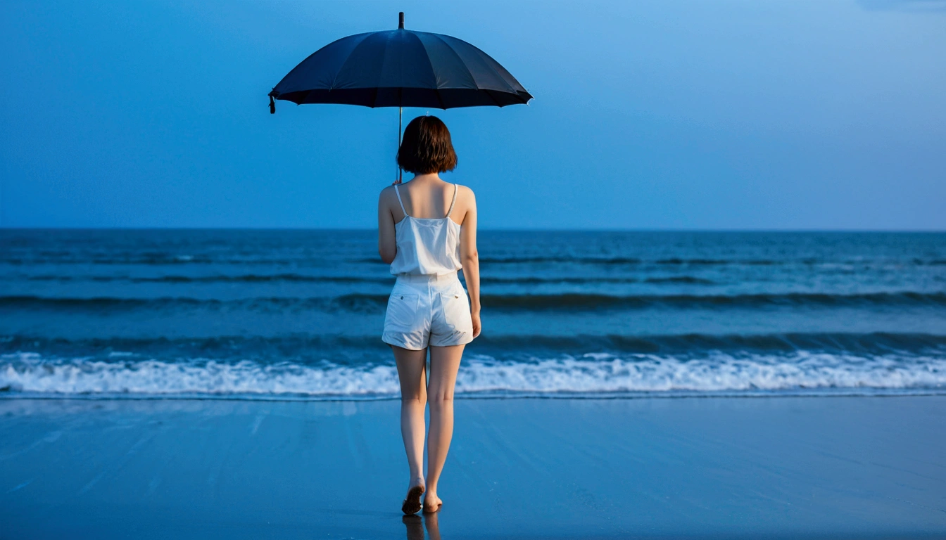 8k, Vivid picture quality, Vivid picture quality, long deserted beach, walking slowly from afar, Short hair, beautiful appearance, Model-like body, sunset의 붉은 빛, sunset, alone, afternoon, depressed, tide가 밀려온다, rain, medium size black umbrella, ocean, tide, wind, rain가 내리는, Short and slim Korean woman, Clear picture quality, tower, White shorts, rain가 내리는, Looking to the side with a black umbrella, the sun goes into the sea