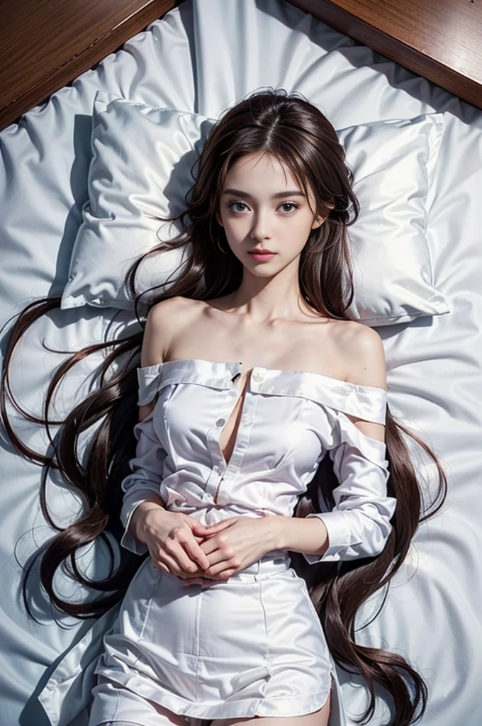 (1 girl:1.3), cinematic light,  (table top, highest qualityの, highest quality,  beautiful and aesthetic:1.3), very detailed,best details,(Super detailed),, 
From above,(( lying in bed)), 
alone, put your hand on your chest, Silky long hair, (brown hair),  ((Off-the-shoulder silk shirt)), open chest,nipple