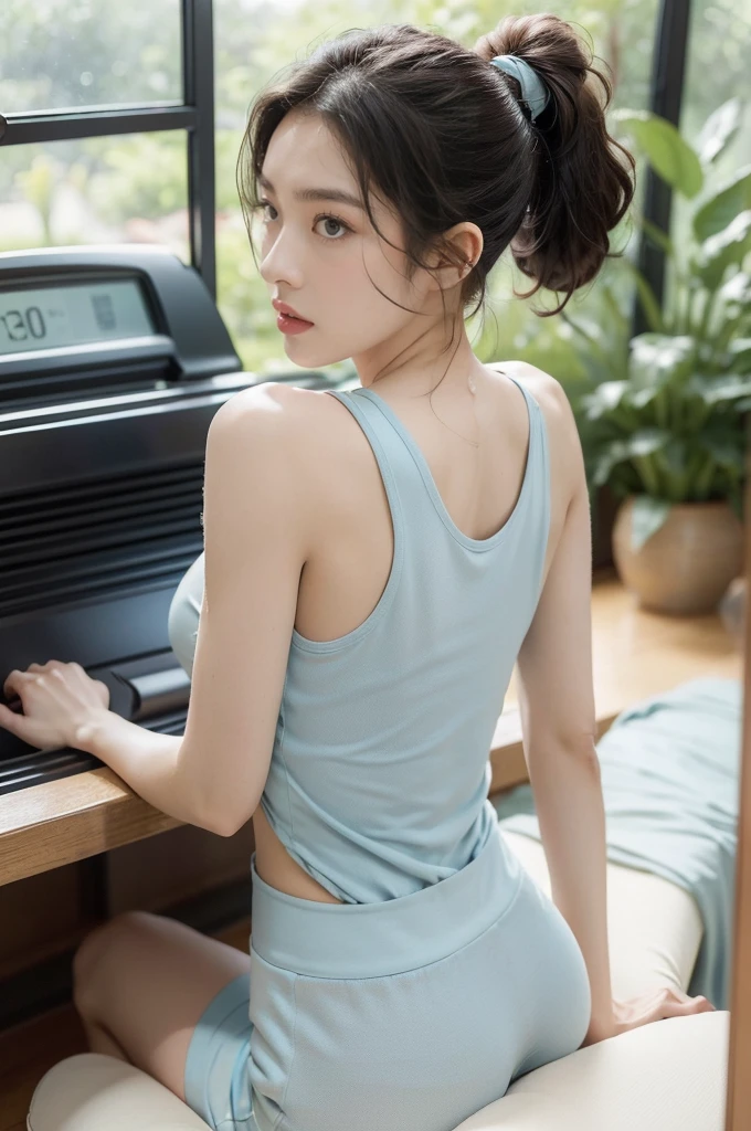 (((best quality))),(((ultra detailed))),(((masterpiece))),illustration,(1 beautiful girl,solo),((slim,thin)),((bare back,towering hips,butt crack)),(blush:1.5),summer afternoon,living room,sanctuary of tranquility,fitness,grace,(short ponytail:1.2),effortless elegance,((light blue yoga tank top,matching shorts)),youthful radiance,enchanting,inspiring,(sitting on treadmill:1.3),body drenched in perspiration,(sweat:1.5),dedication,inner strength,determination,composed,focused,eyes,lush potted plant,greenery,life,vitality,soft sunlight,warm patches of light,fragrant cookies,cozy ambiance,attire,functional,fashionable,comfort,flexibility,slender figure,curves,lightweight material,unrestricted movement,grip,treadmill's belt,propel,forward,serene expression,slight smile,lips,focused on horizon,visualizing goals,dreams,radiant beauty, comfortable clothing,determined spirit,captivating,inspiring image,essence of summertime fitness,self-care,((from back,upper body))