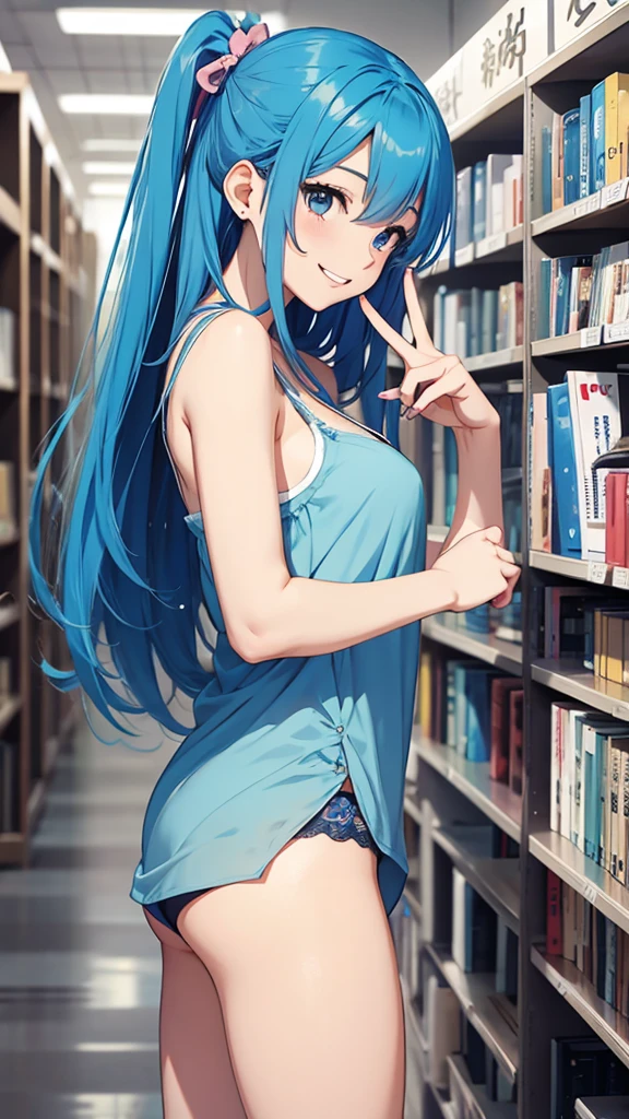Gal、peace sign、laughing、Blue Hair、Wearing a camisole、Around 25 years old、Anime style illustrations、Inside the library