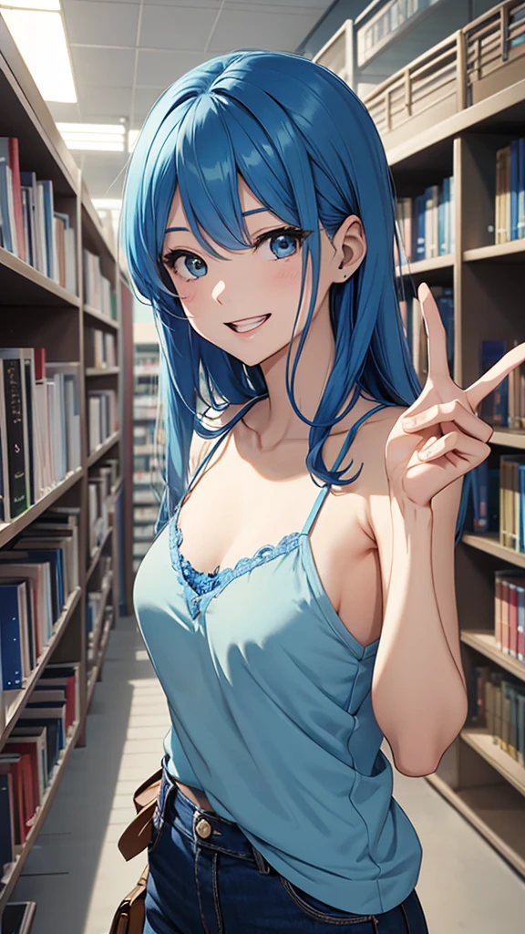 Gal、peace sign、laughing、Blue Hair、Wearing a camisole、Around 25 years old、Anime style illustrations、Inside the library