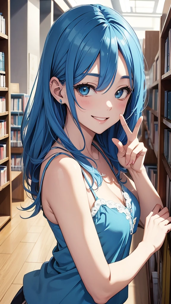 Gal、peace sign、laughing、Blue Hair、Wearing a camisole、Around 25 years old、Anime style illustrations、Inside the library