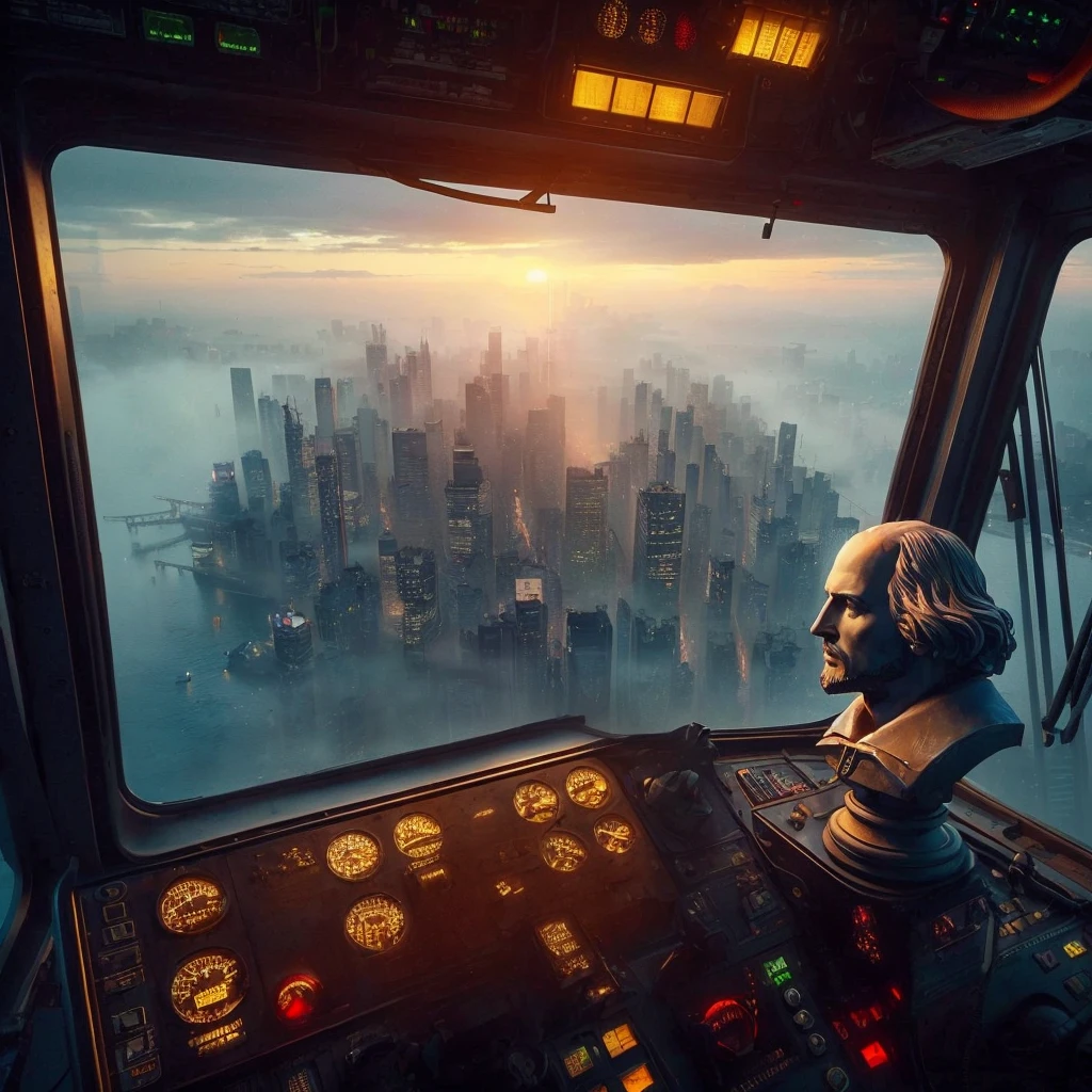 a crane operator's POV high in the cabin, small statue of shakespeare's head on the dashboard, twilight sky, vast cityscape in the distance, warm lighting, highly detailed, photorealistic, 8k, intricate details, dramatic lighting, moody atmosphere, cinematic composition, volumetric fog, chromatic aberration, depth of field, film grain, studio lighting, physically-based rendering, stunning realism