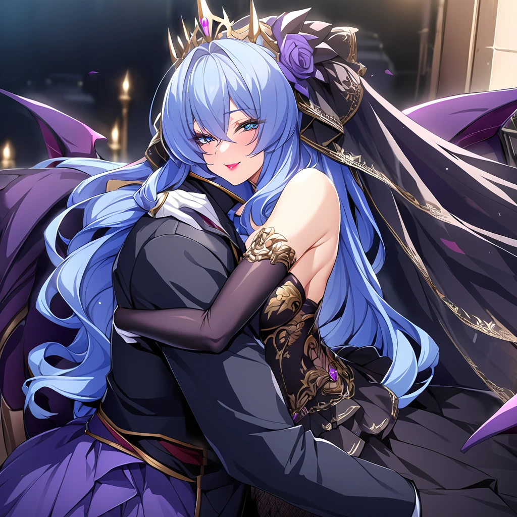 ((Highest quality)), ((masterpiece)), (detailed), （Perfect Face）、The woman is hugging and kissing the great evil demon king man、The woman is the evil queen, Extia, with medium-long blue hair, a gorgeous black wedding dress with gold embroidery and trim, a black wedding veil, an engagement ring, gorgeous accessories, lipstick and makeup, and a dignified, beautiful evil queen.、The woman looks happy、The man is a great and powerful demon king and a majestic demon.