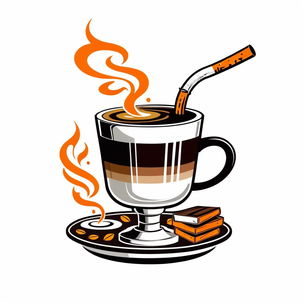 Graphic typography design quotes "
Coffee shop logo、
The logo mark、From stacked coffee cups、A little bit of coffee is spilling out stylishly.、
To the right of the coffee、In a small silver ashtray、Cigarette butt graphic art、
To the left of the coffee、Graphic art of stylish cocktails. The cafe allows smoking. This design is for a stylish shop owner.、dark brown、apricot、Light、Brown design on a white background