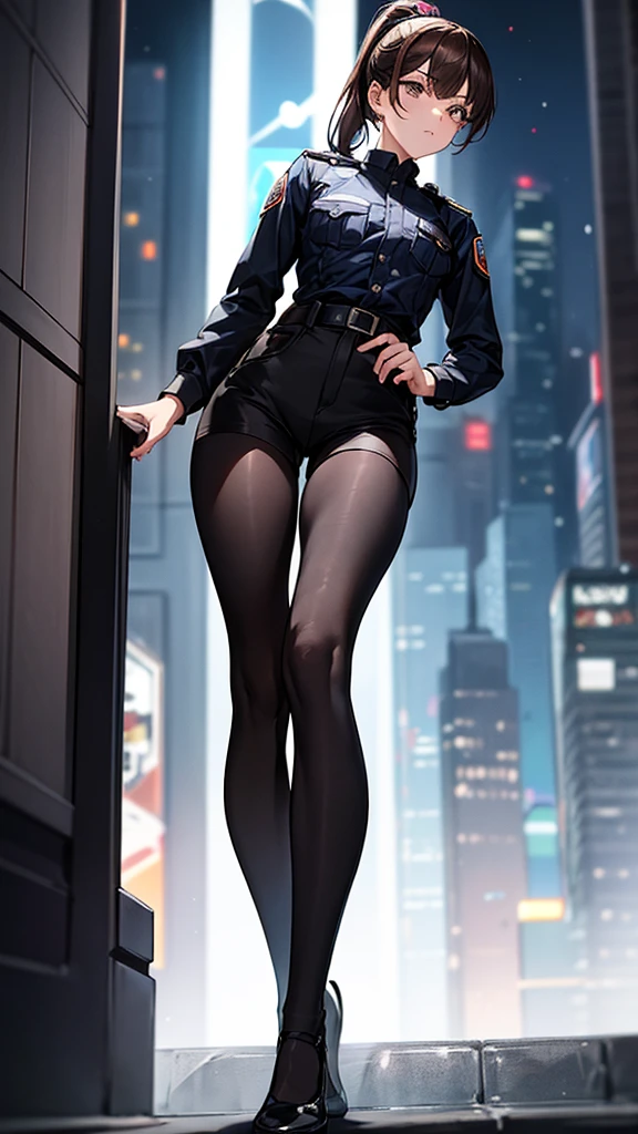 {{masterpiece}}, {{{best quality}}},{{ultra-detailed}}, {{illustration}},{{tall stature}},{{adult women}},((Black tights and shorts)),Small breasts,Slender,{{Hands on hips}},((Leggings with integrated shorts)), Female police officer　Brown hair ponytail　Place your hands on your knees　1 female,alone,　Downtown at night　long sleeve police uniform　Black pantyhose　View from below　Black Belt