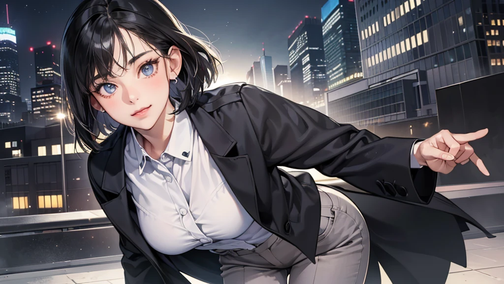 (perfect anatomy:1.2)(absurdres, highres, ultra detailed),masterpiece,best quality,high resolution,8k,Realistic face,Realistic skin texture,magnified textures, stunning clarity,detailed anime girl,(ultra detailed eyes and face),(1 girl:1.7)21years old,she is office worker,,smile:1.2,black hair, bob cut,natural make,grey jacket and pants,black brouse,,sparkling eyes.small nose,roundface、just left the office when it was time to leave,night, bussines district,she is walking,happy,she just leave her company