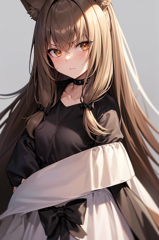 best quality, black style, girl, beige skin, hairy skin, beige hair on her skin, brown eyes, long tousled beige hair, hair up, hair up, white dress, black bow, threatening look, determined look, look ahead , look ahead, serious, furry skin, wolf skin. werewolf, werewolf girl, half-wolf girl.