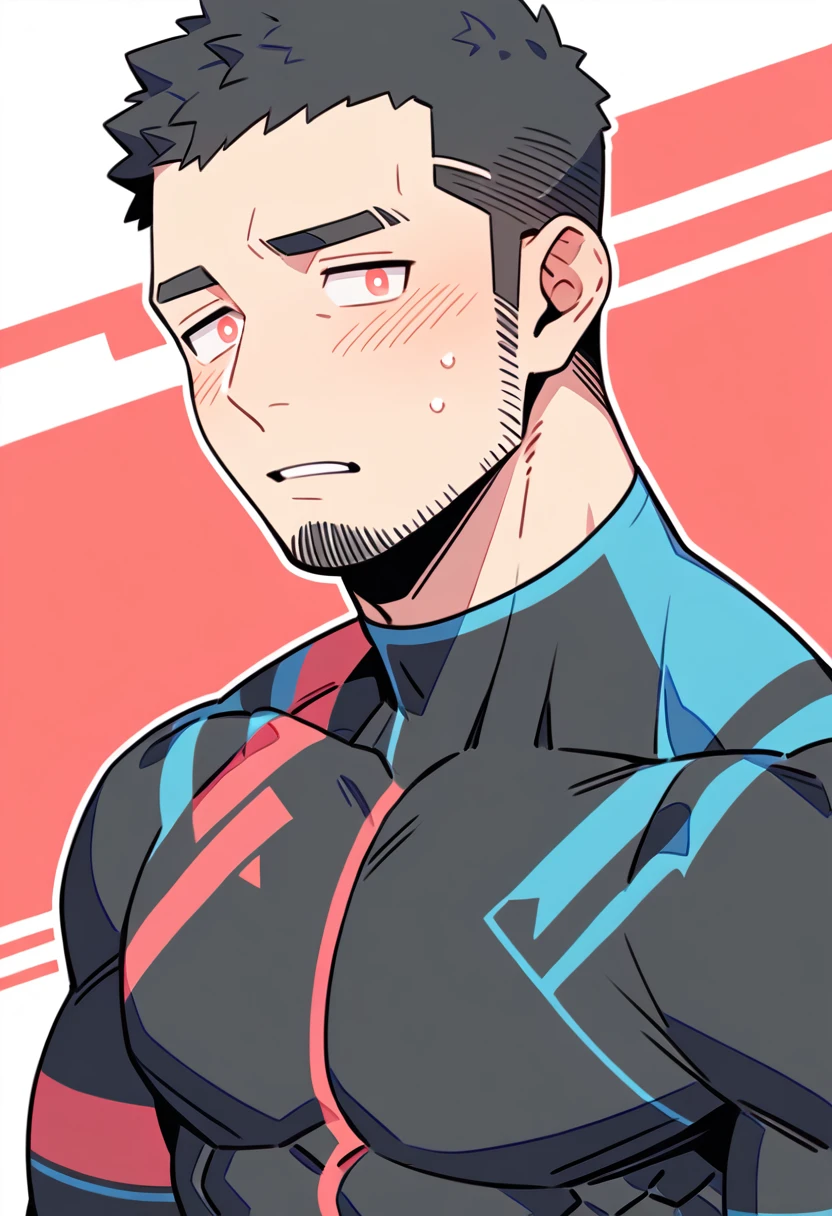 anime characters:Gyee Priapus, Muscle Sports Student, Buzz Cut, Manliness, male focus, Yellow and black striped high collar long sleeve tights, Wear a black high-necked tights inside, Very tight, Regular symmetrical pattern, full and perky chest muscles, muscular male, muscular, only, Upper body, alone, Red short hair, Thick eyebrows, stubble, Brown-red pupils, White background, simple background, amazing quality, best aesthetics, Ridiculous, crew cut, parted lips, flustered, endured face, shy, blush, negative space, best quality