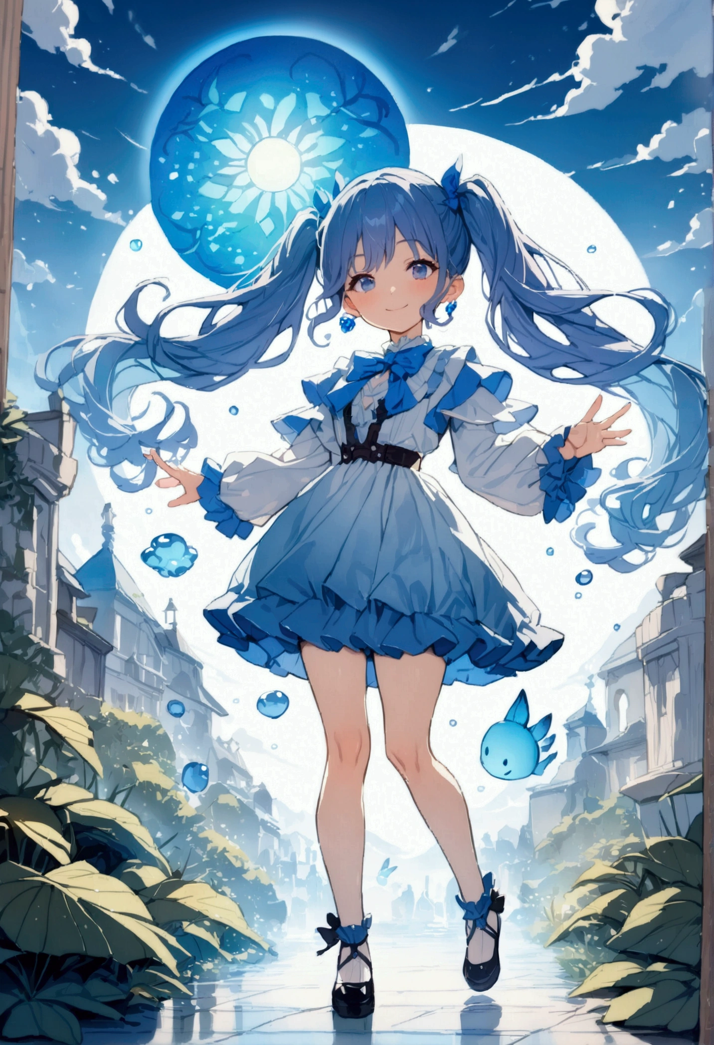 watercolor medium style, full body, (female): 1girl, (solo), (perfect face), (detailed outfit), (), beautiful female, smile (happy), blue hair, long hair, twintails hair, blue eyes, (blue light effect), (blue sun flare), (white background), (masterpiece:1.4), (best quality), (ultra-detailed)