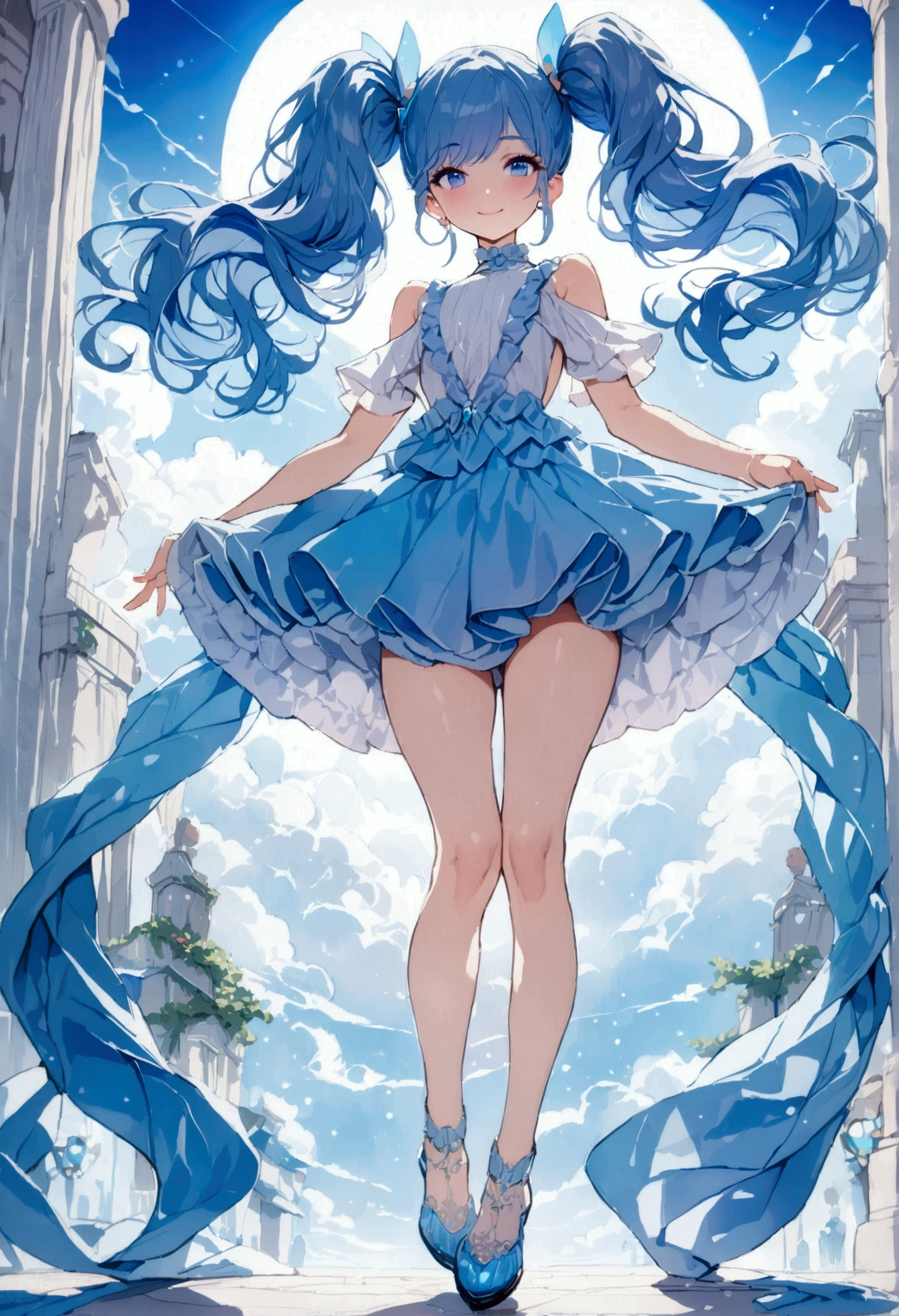 watercolor medium style, full body, (female): 1girl, (solo), (perfect face), (detailed outfit), (little girl), beautiful female, smile (happy), blue hair, long hair, twintails hair, blue eyes, (blue light effect), (blue sun flare), (white background), (masterpiece:1.4), (best quality), (ultra-detailed)