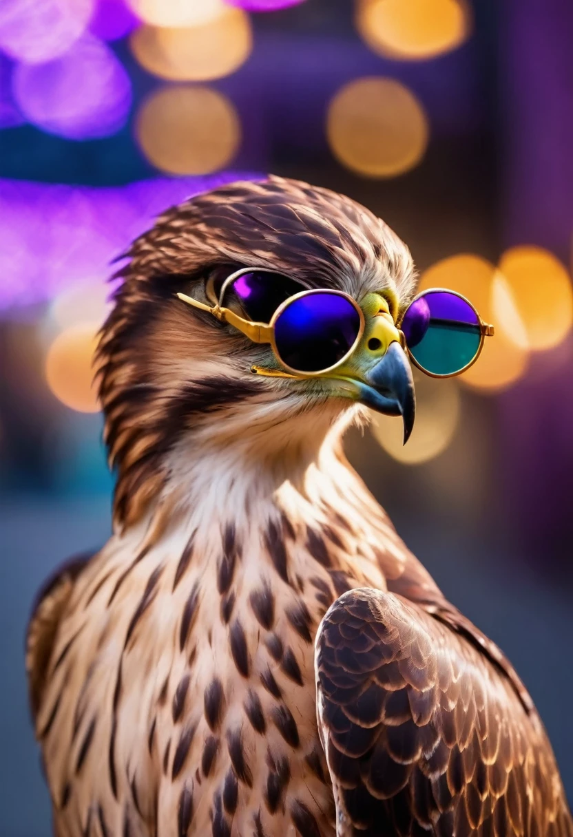 cinematic portrait of a strong and busty female hawk-like bird with feathers, wearing sunglasses, pointing finger directly at camera, dramatic purple lighting, highly detailed, photorealistic, 8k, award winning digital art