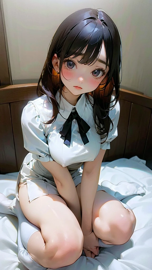 Girl in white stockings , short skirt without shoes, sitting on the bed , confused expression. Correct proportions of the human body.Big breasts in a tight blouse.