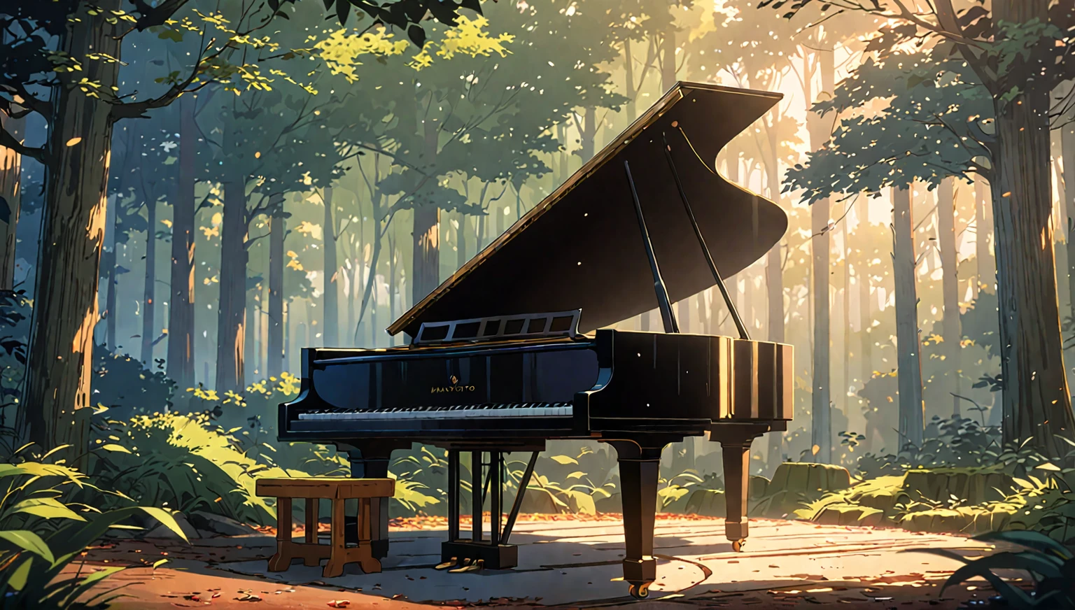 a close up of a piano in a forest with a bench, background artwork, anime art wallpaper 8 k, in style of atey ghailan, anime background art, ( ( makoto shinkai ) ), 8k high quality detailed art, anime art wallpaper 4 k, anime art wallpaper 4k, anime lush john 8k woods、青い花が咲いている