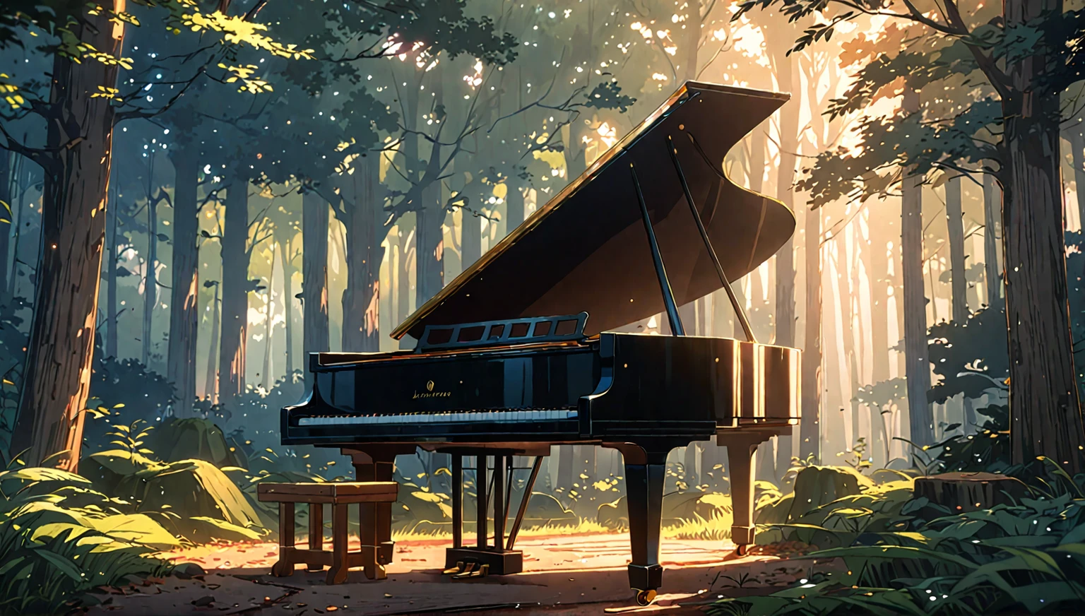 a close up of a piano in a forest with a bench, background artwork, anime art wallpaper 8 k, in style of atey ghailan, anime background art, ( ( makoto shinkai ) ), 8k high quality detailed art, anime art wallpaper 4 k, anime art wallpaper 4k, anime lush john 8k woods、青い花が咲いている