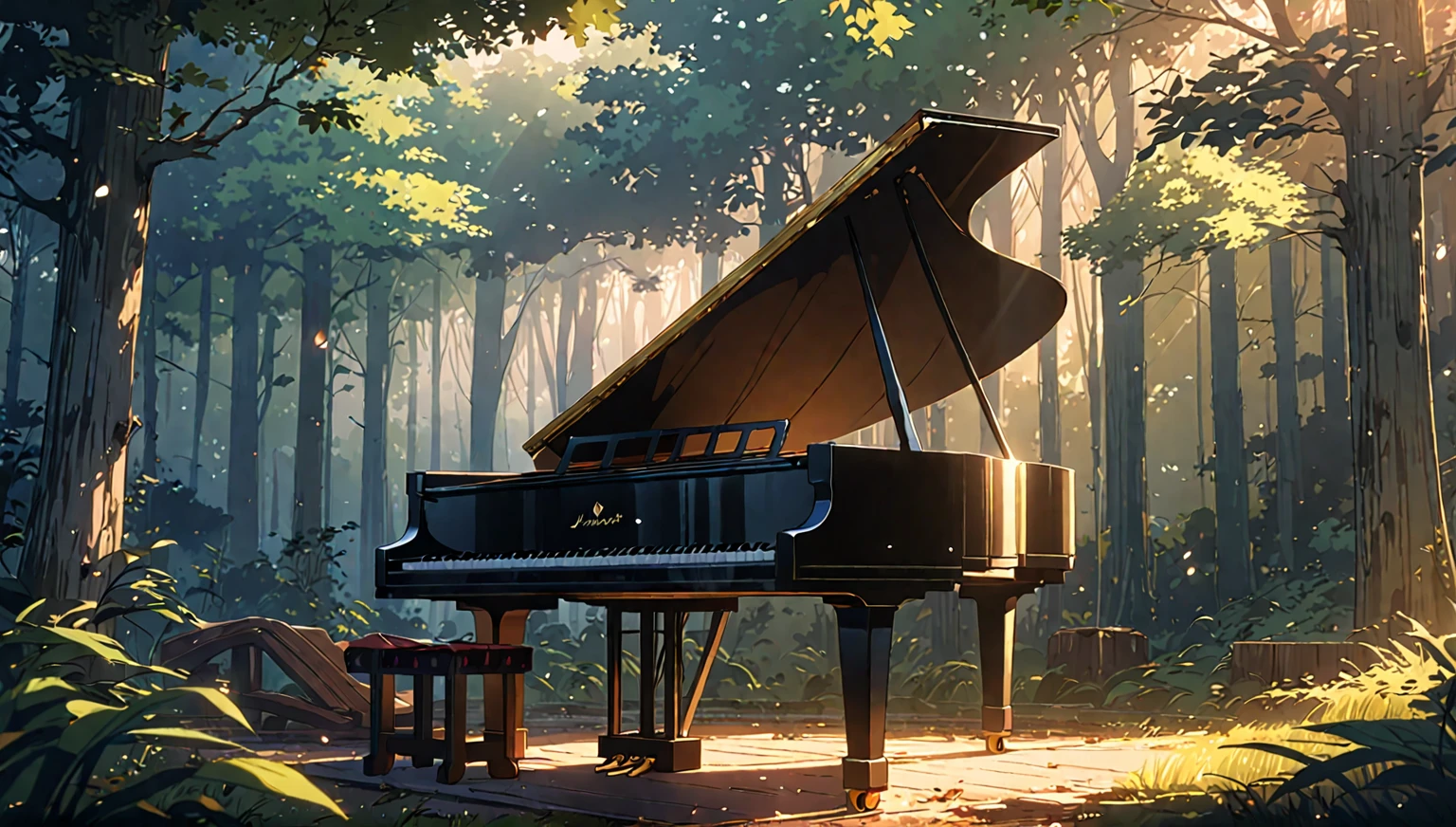 a close up of a piano in a forest with a bench, background artwork, anime art wallpaper 8 k, in style of atey ghailan, anime background art, ( ( makoto shinkai ) ), 8k high quality detailed art, anime art wallpaper 4 k, anime art wallpaper 4k, anime lush john 8k woods、青い花が咲いている