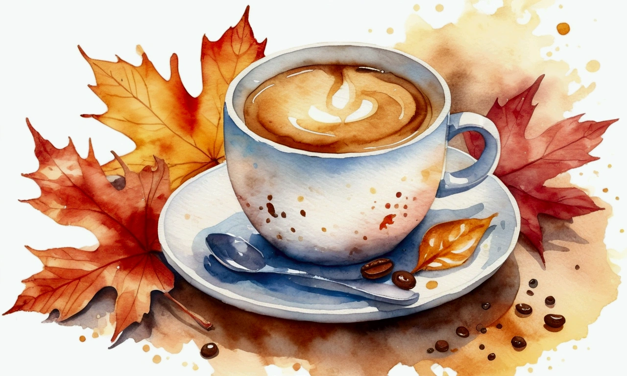 there are a steaming hot expresso cup, isolated with autumn background, surrounded with negative space, centered composition, highest detailed painting, very precise line, Isolated, clear solid white background, perspective angle of view, ((watercolor:1.5)), (lora:add-detail-xl:1), (masterpiece), (best quality), no bread on the floor, washed out color, (ghibli)