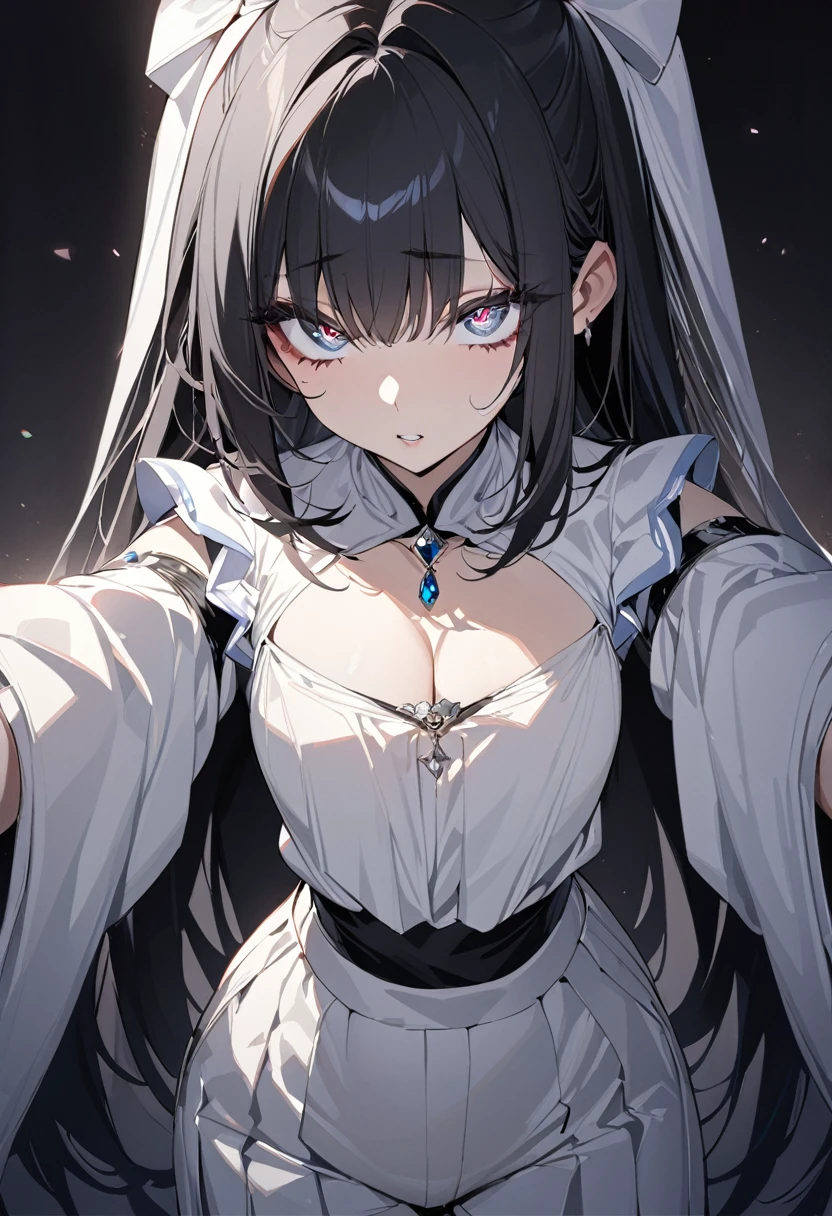 One girl, masterpiece, best quality, beautiful, big eyes, jewel eyes, diamond eyes, white and black hair, moe sleeves, hakama pants, black background