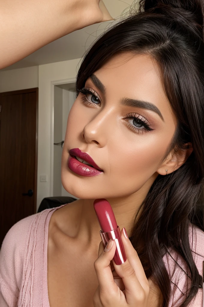 A woman putting on lipstick and kissing hotly