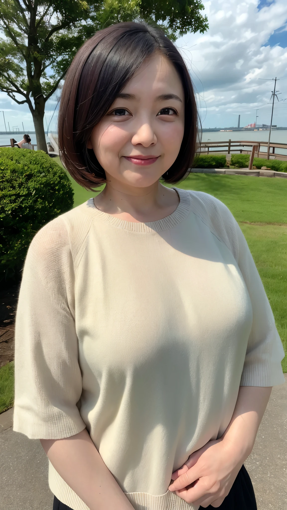 Japanese Garden,good、highest quality,Japanese ,Realistic characters, shape, Very detailed, finely, High resolution, Finely beautiful eyes,, Center of chest, Natural color
lip, Wearing a short-sleeved crew neck summer knit,60-year-old 、A painful expression、Cloudy、The wind is blowing、Hair is stiff、Hair flutters in the wind、Close-up image、Smiling、Tears、Beautiful expression、Slightly chubby